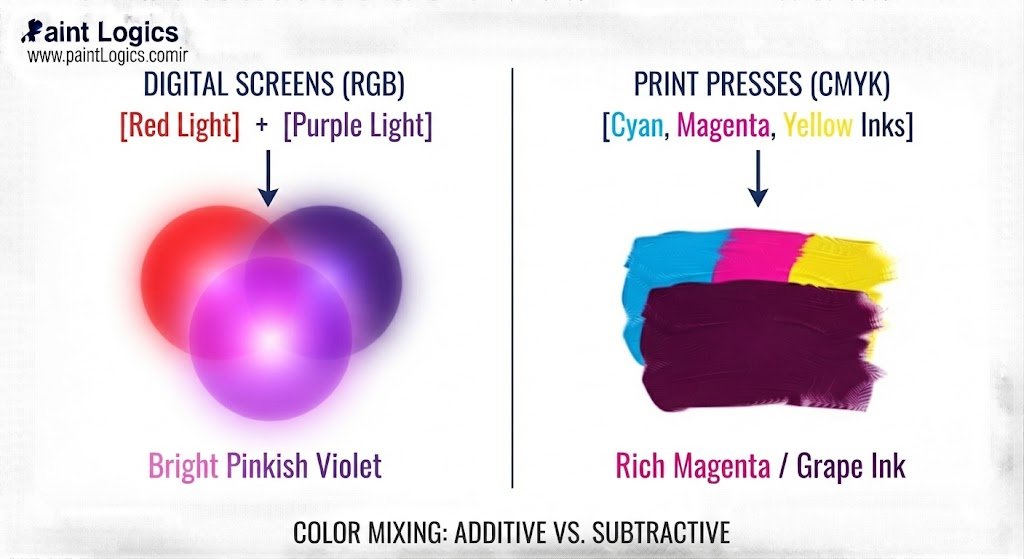 DIGITAL SCREENS (RGB)               PRINT PRESSES (CMYK)

[Red Light] + [Purple Light]        [Cyan, Magenta, Yellow Inks]

         │                                   │

         ▼                                   ▼

 Bright Pinkish Violet               Rich Magenta / Grape Ink