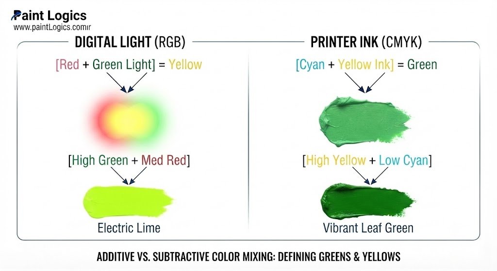 DIGITAL LIGHT (RGB)                PRINTER INK (CMYK)

[Red + Green Light] = Yellow       [Cyan + Yellow Ink] = Green

       │                                  │

       ▼                                  ▼

[High Green + Med Red]             [High Yellow + Low Cyan]

       │                                  │

       ▼                                  ▼

 Electric Lime                     Vibrant Leaf Green