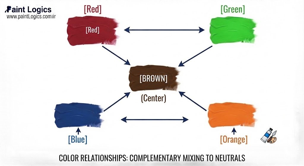 [Red]   ◄────────────────────────►   [Green]

   │                                     │

   └───────────────► [BROWN] ◄───────────┘

   ┌───────────────► (Center) ◄──────────┐

   │                                     │

 [Blue]  ◄────────────────────────►  [Orange]