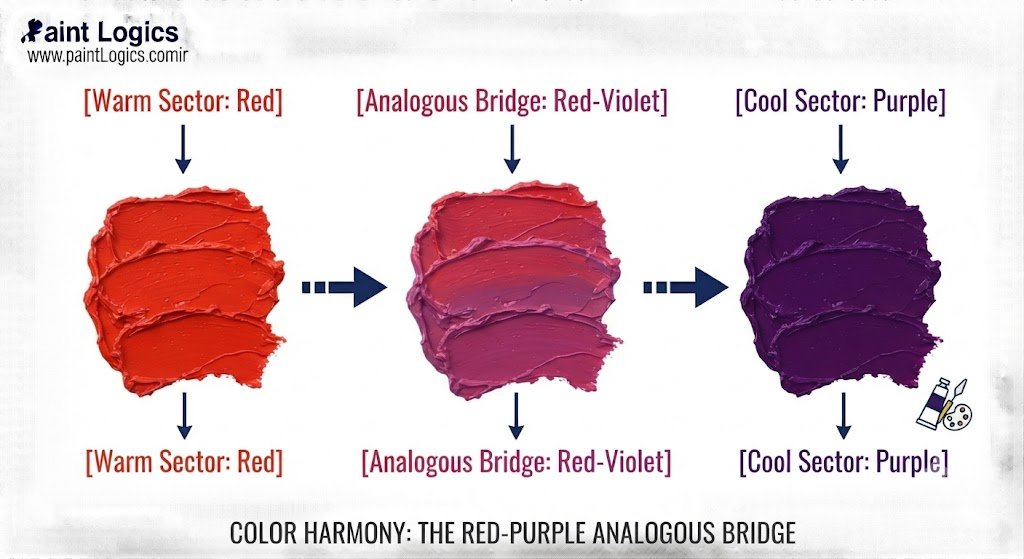 [Warm Sector: Red] ──► [Analogous Bridge: Red-Violet] ──► [Cool Sector: Purple]