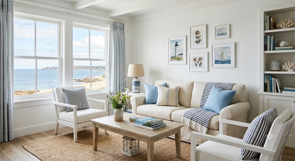 A bright coastal cottage living room design featuring soft sky blue accent pillows paired with clean white walls.