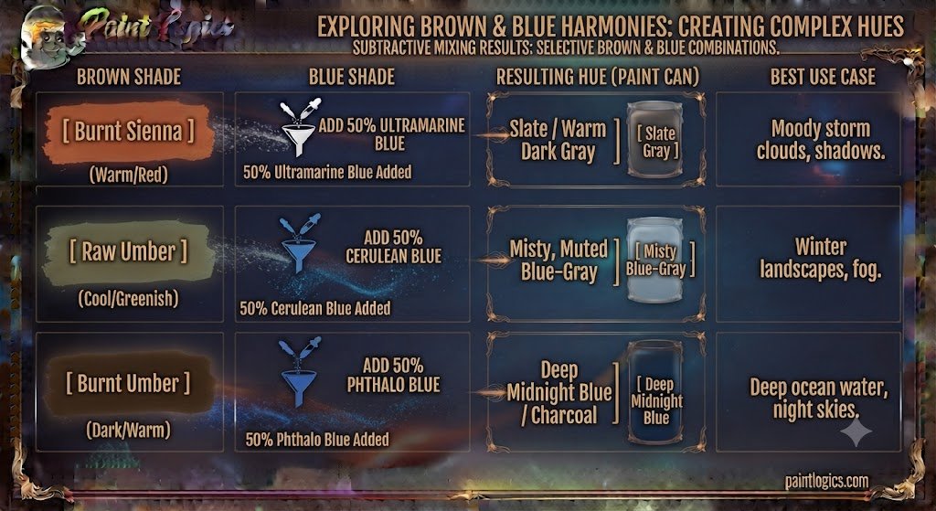 A color mixing chart displaying the visual results of blending different brown and blue paint 