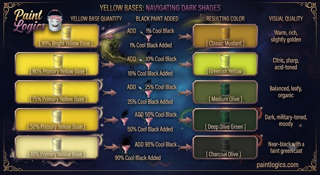 A color mixing guide chart demonstrating the physical paint ratios of yellow and black combining to create mustard, greenish yellow, and deep olive green.