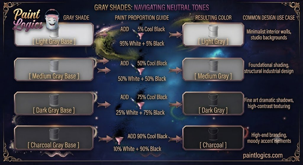 A color mixing guide chart showing the paint percentages of black and white needed to create light gray, medium gray, and charcoal tones.