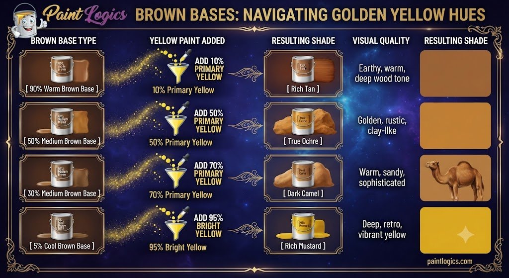 A color mixing guide chart showing the paint percentages of brown and yellow needed to create tan, ochre, camel, and mustard tones.
