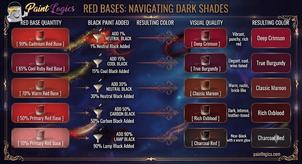 A color mixing guide chart showing the paint percentages of red and black needed to create burgundy, maroon, and oxblood tones.