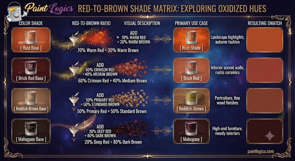A color mixing proportion chart showing the paint percentages of red and brown needed to create rust, brick red, reddish-brown, and mahogany.