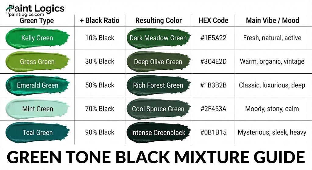 A color theory diagram displaying the subtractive paint mixing results of combining green and black paint to produce dark green, forest green, and olive green.