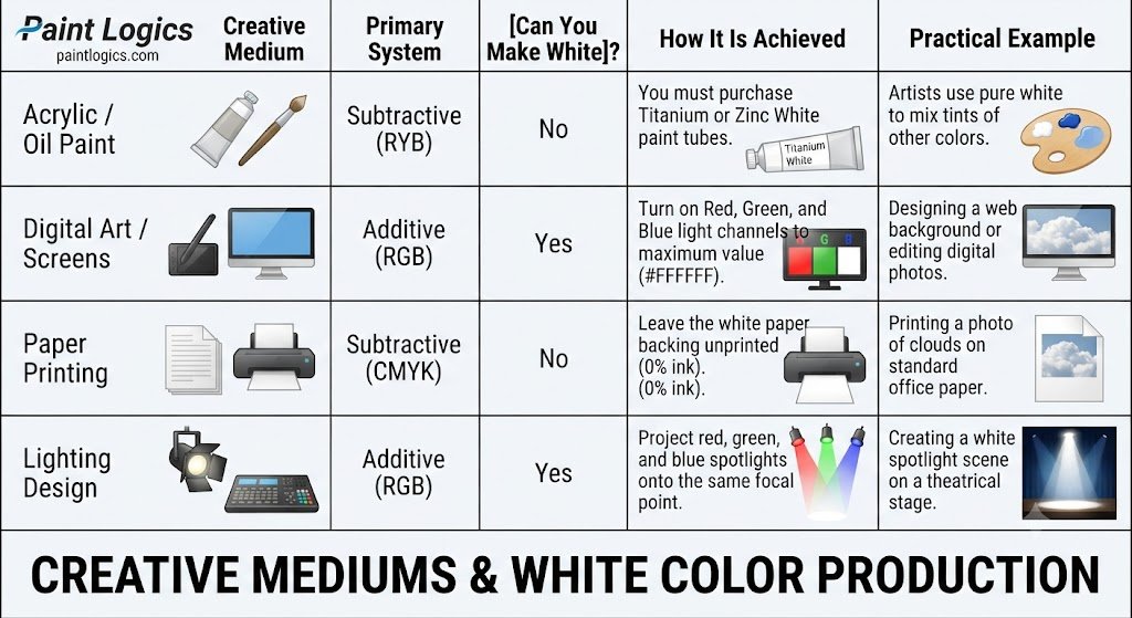 A comparison table detailing how white is created across physical paint, digital screens, paper printing, and theatrical stage lighting.