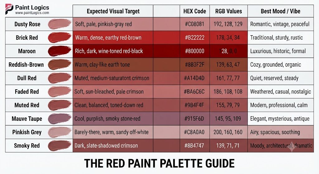 A comparison table detailing the visual differences between mixing red with gray, red with white, and red with black.