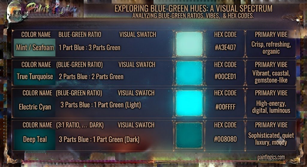 A comprehensive paint color mixing chart showing the visual results of blending different ratios of blue and green pigments to form teal and turquoise.