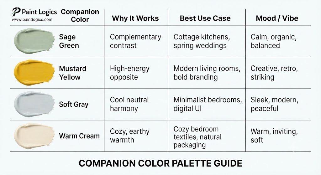 A design color pairing guide showing how light purple and white interact with sage green, mustard yellow, soft gray, and warm cream.