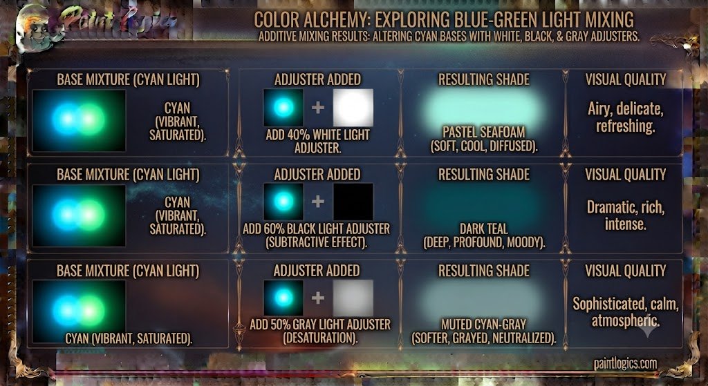 A digital graphic demonstrating how adding white, black, or gray adjusters changes a base mixture of blue and green light into pastel seafoam or dark teal.