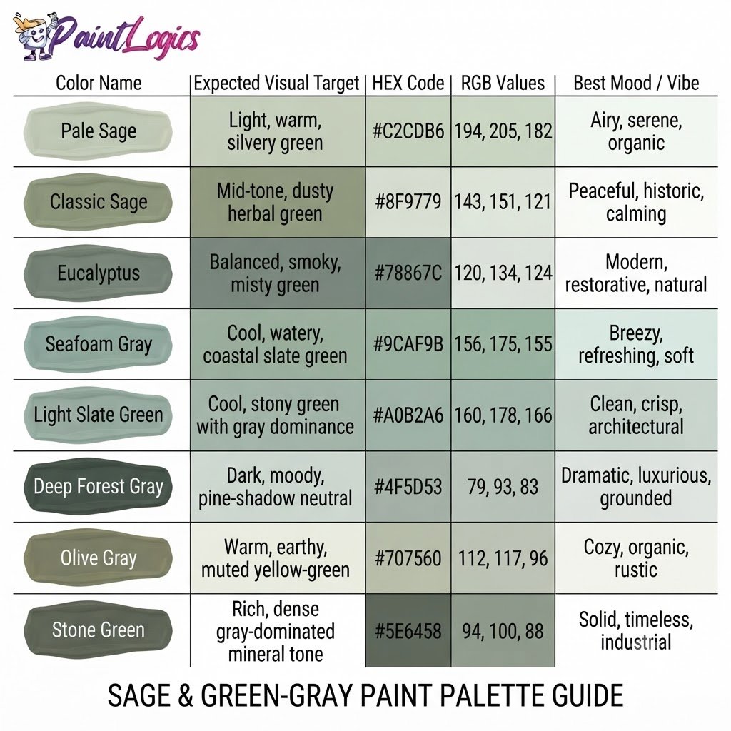 A digital hex color table displaying shade names, hex codes, and RGB values for Pale Sage, Classic Sage, Eucalyptus, Seafoam Gray, Light Slate Green, Deep Forest Gray, Olive Gray, and Stone Green.