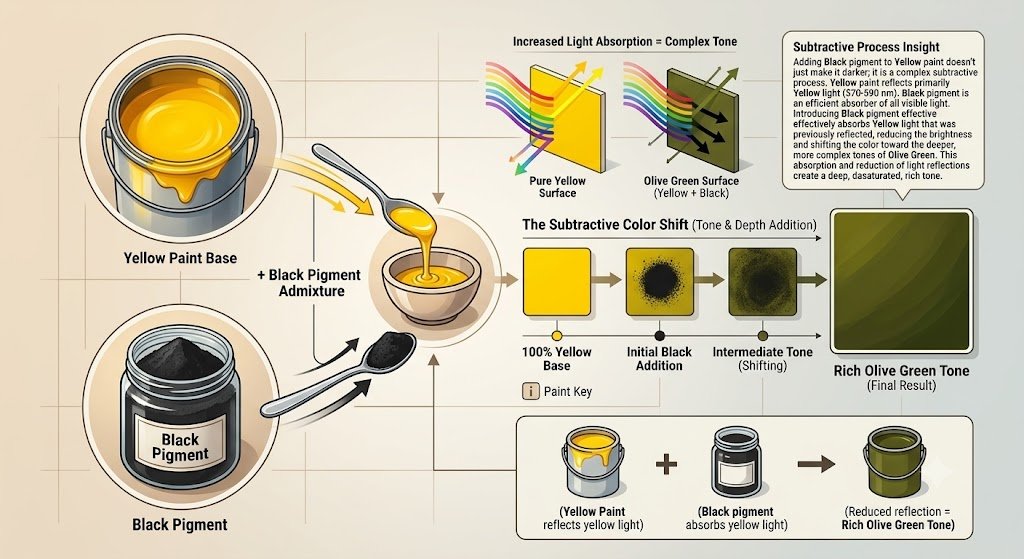 A graphic diagram illustrating the subtractive color mixing process of adding black pigment to yellow paint to create a rich olive green tone.