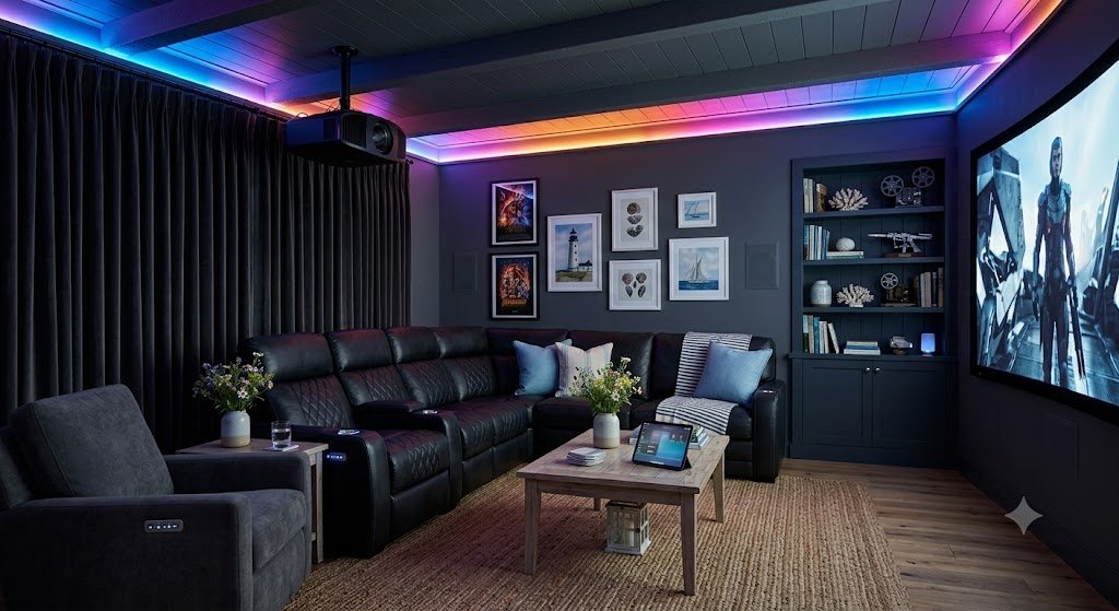 A high-end smart home theater room interior enhanced with colored RGB LED accent lights glowing along the ceiling moldings.