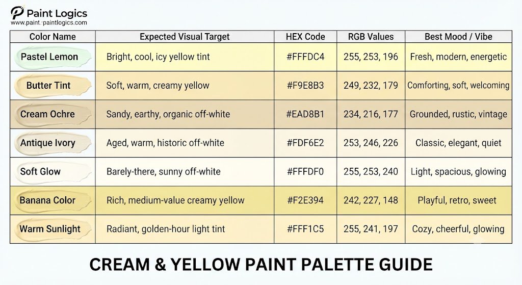 A home decor design color chart showing how pastel yellow and cream colors pair with soft charcoal, sage green, dusty rose, and navy blue.