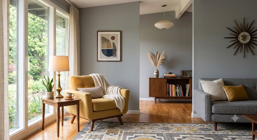 A mid-century modern living room interior accented with a plush muted mustard chair against a soft gray wall backdrop.