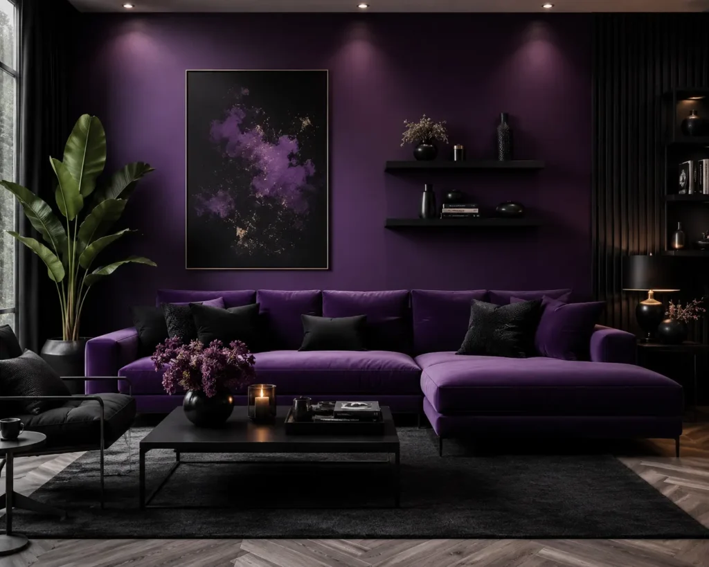 A modern living room interior design featuring a deep eggplant purple accent wall paired with black decor accessories.