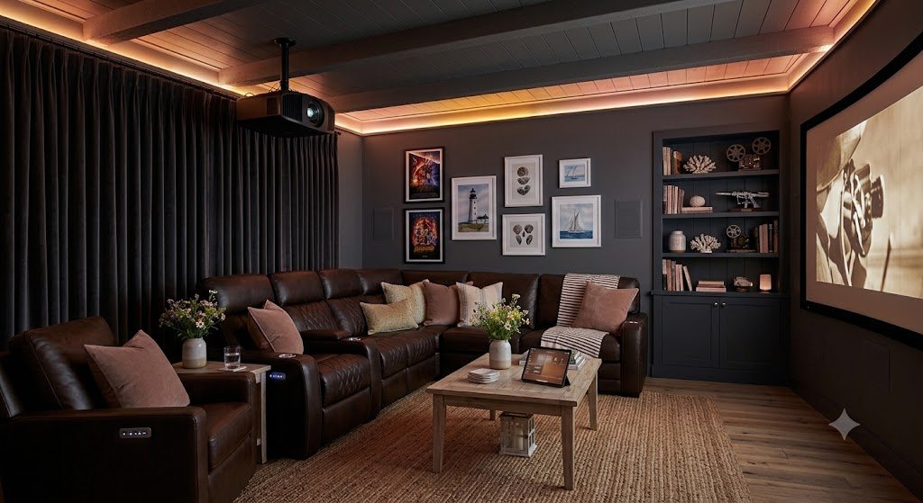  A modern living room interior featuring chocolate brown furniture accented with soft blush brown pillows and decor.