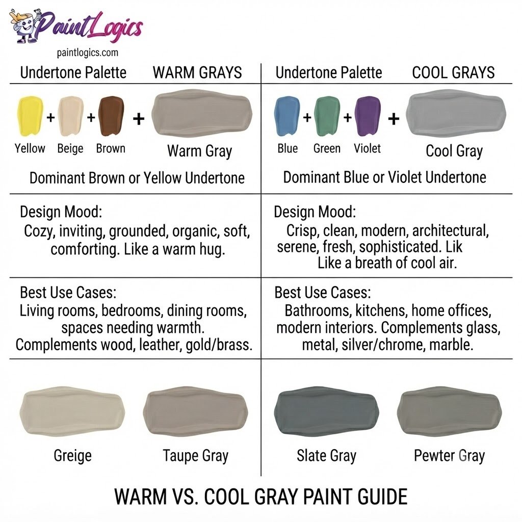 A paint color guide comparing the undertones, best use cases, and design moods of warm grays and cool grays.