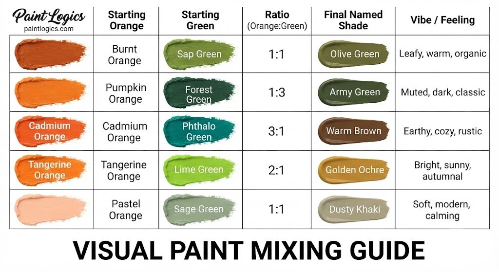 A paint color mixing guide chart demonstrating the visual results of combining different ratios of orange and green pigments to make olive and khaki.