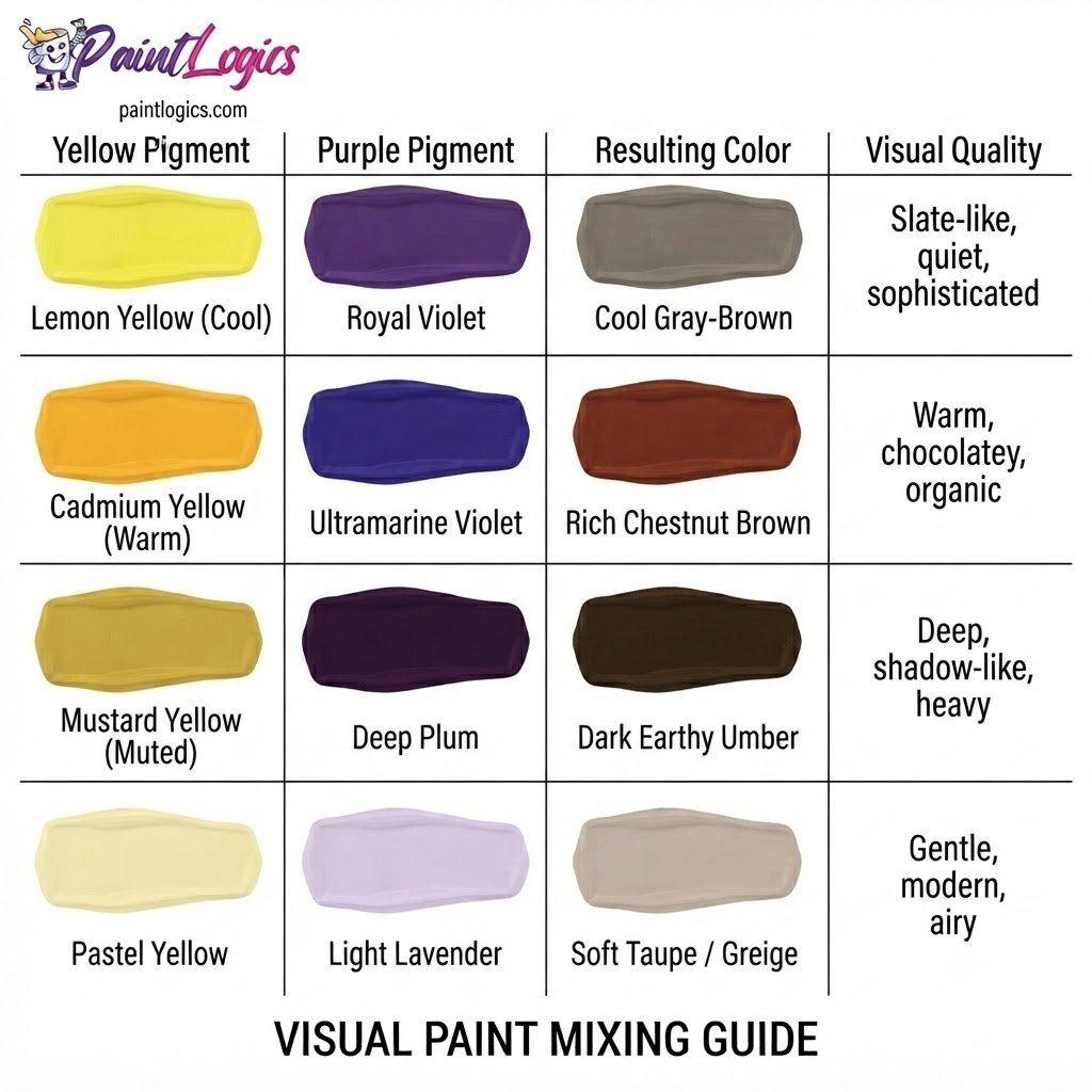 A paint color mixing guide chart demonstrating the visual results of combining different ratios of purple and yellow pigments to make brown and gray.