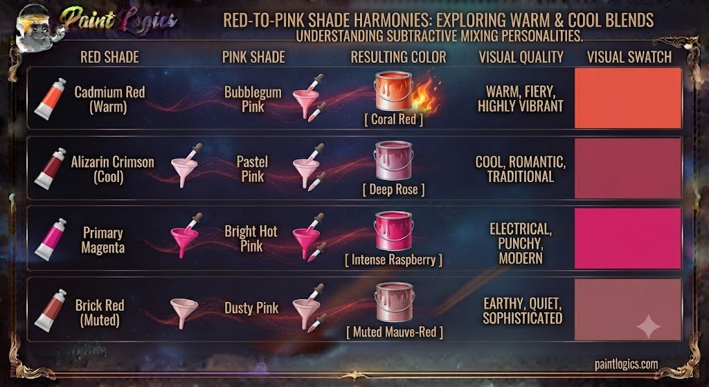 A paint color mixing guide chart displaying the exact visual results of blending different red and pink pigments to create raspberry and rose tints.