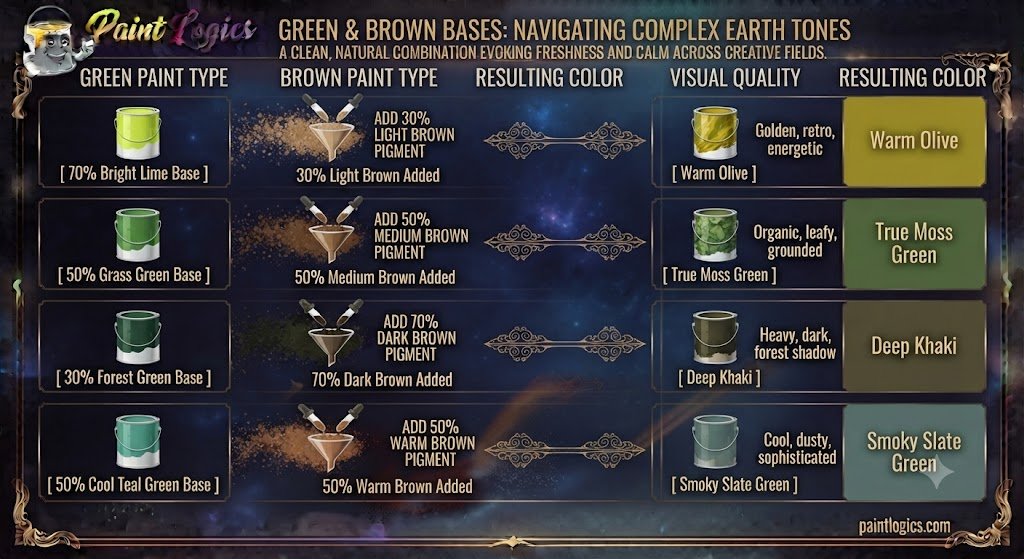A paint color mixing guide chart showing the exact proportions of different green and brown pigments needed to create olive and moss green shades.