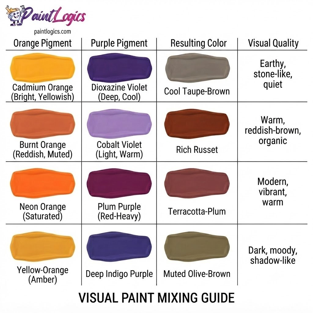 A paint color mixing guide chart showing the visual results of blending different orange and purple pigments to create brown and russet.
