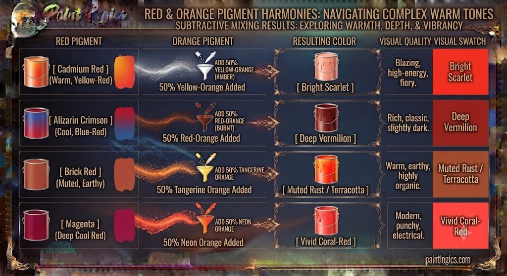 A paint color mixing guide chart showing the visual results of blending different red and orange pigments to create scarlet and vermilion.