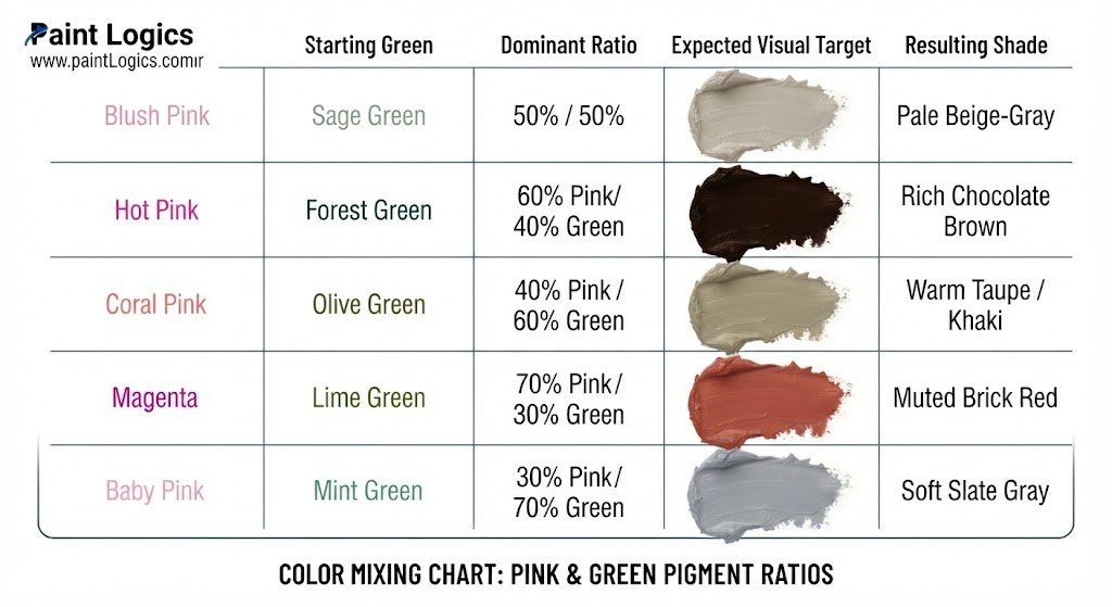 A printed mixing chart detailing exact ratios of pink and green with their resulting color names.