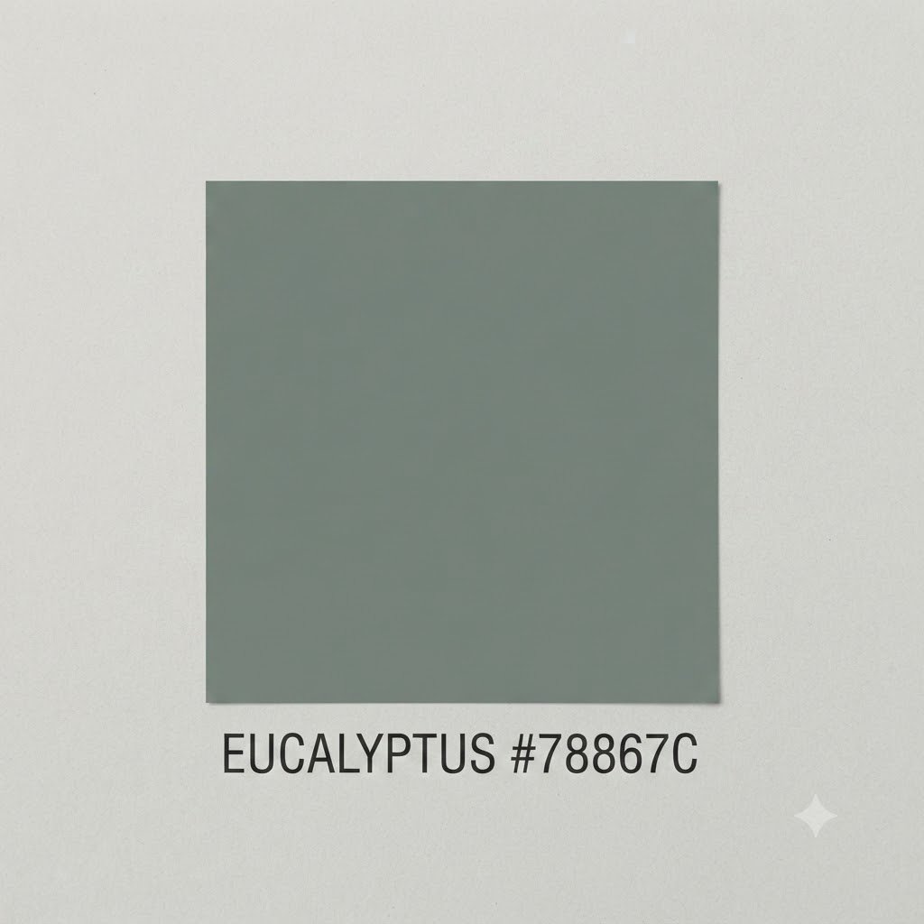 A solid color swatch representing a rich, calming eucalyptus gray-green paint tone