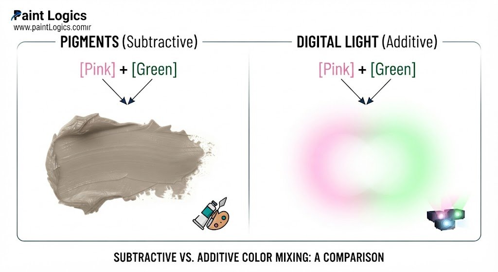 A traditional color wheel illustrating the complementary relationship between shades of red-pink and green.