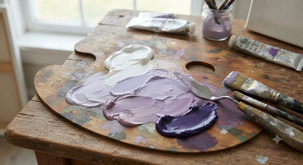 A traditional wooden artist's palette with titanium white paint blending smoothly into a rich violet pigment to create soft lavender and lilac tones