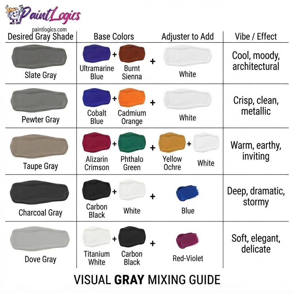 A visual color mixing chart showing the base colors and adjusters needed to mix slate gray, pewter gray, taupe gray, charcoal gray, and dove gray.