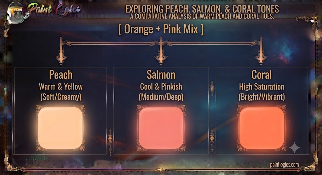 A visual color theory chart showing the subtractive paint mixing results of combining an orange and pink base with white, black, yellow, and blue adjusters.