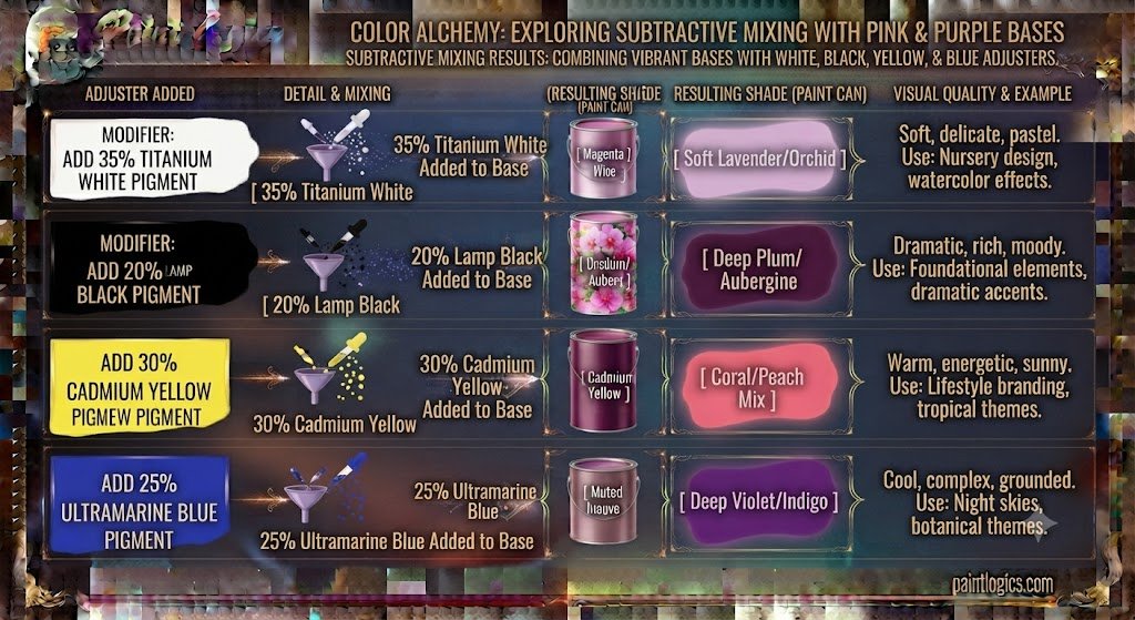 A visual color theory diagram demonstrating the subtractive paint mixing results of combining a pink and purple base with white, black, yellow, and blue adjusters.