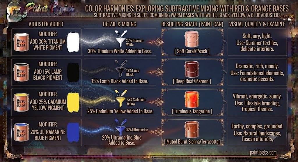 A visual color theory diagram demonstrating the subtractive paint mixing results of combining a red and orange base with white, black, yellow, and blue adjusters.A visual color theory diagram demonstrating the subtractive paint mixing results of combining a red and orange base with white, black, yellow, and blue adjusters.