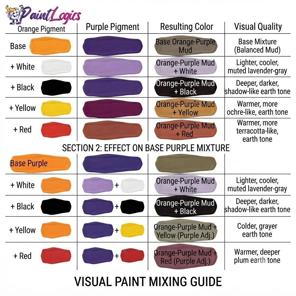 A visual color theory diagram demonstrating the subtractive paint mixing results of combining an orange and purple base with white, black, yellow, and red adjusters.