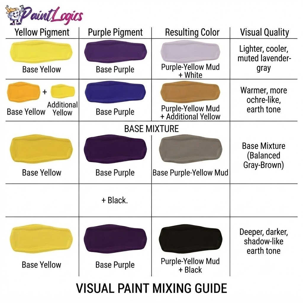 A visual color theory diagram showing how adding white, black, and additional yellow adjusters changes a base mixture of purple and yellow paint.