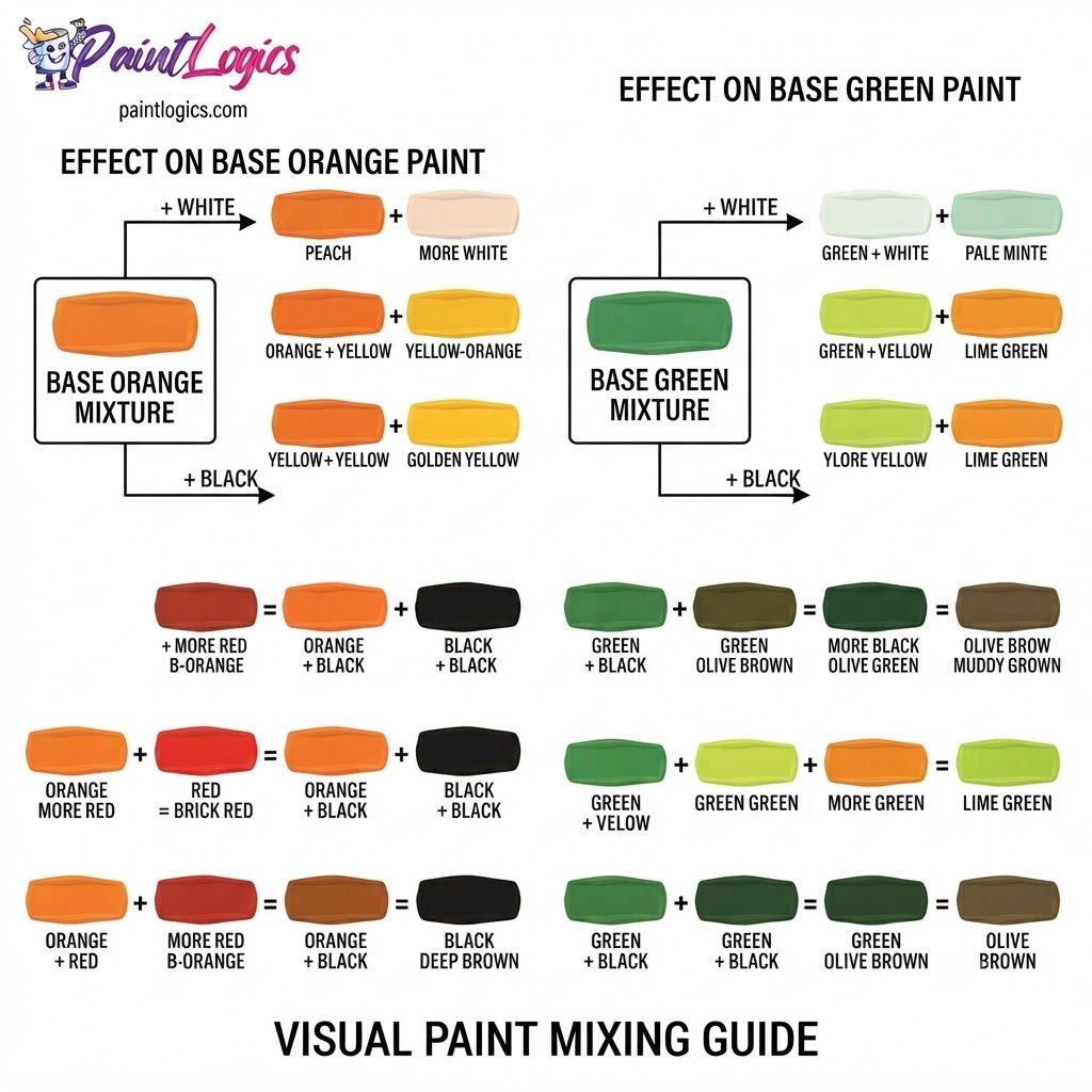 A visual color theory diagram showing how adding white, black, yellow, and red adjusters changes a base mixture of orange and green paint.