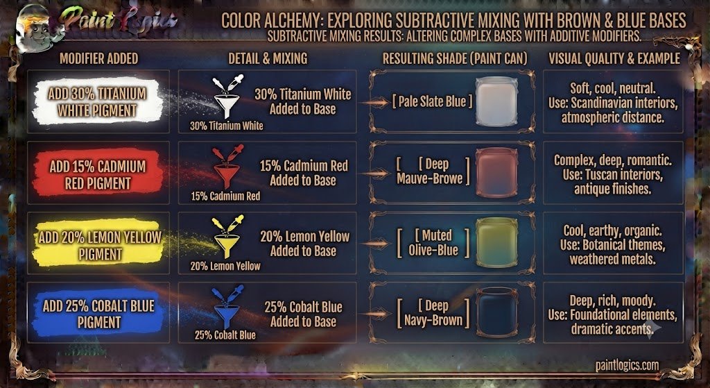 A visual color theory diagram showing how adding white, red, and yellow alters a base mixture of brown and blue paint.