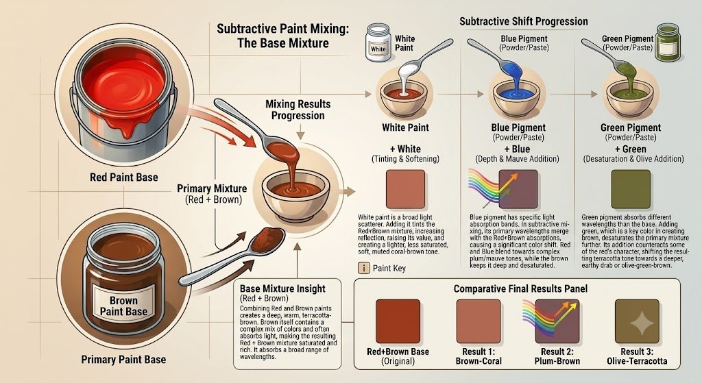 A visual diagram demonstrating the subtractive paint mixing results of adding white, blue, or green to a red and brown paint mixture.