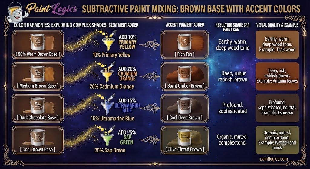 A visual diagram demonstrating the subtractive paint mixing results of combining a brown base with yellow and other accent colors.