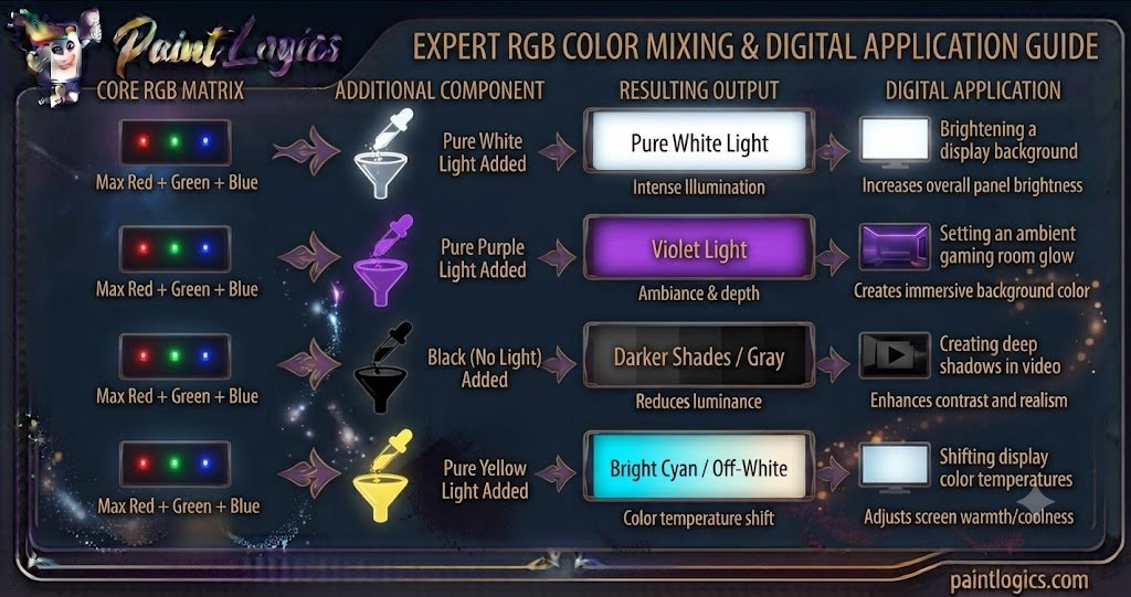 An additive color mixing diagram showing how red, green, and blue light circles overlap to create cyan, magenta, yellow, and pure white light in the RGB model.