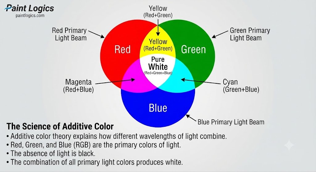 An additive color mixing diagram showing overlapping red, green, and blue light beams combining to create pure white light in the center.