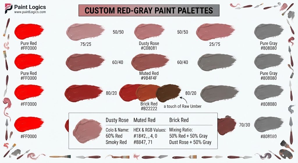 An artistic color palette displaying various shades of dusty rose, muted red, brick red, and smoky red created by mixing red and gray.