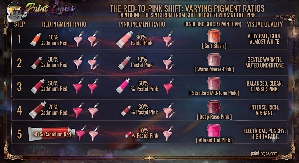 An artistic color theory diagram showing how varying the ratios of red to pink paint shifts the mixture from a soft blush to a vibrant hot pink. image!