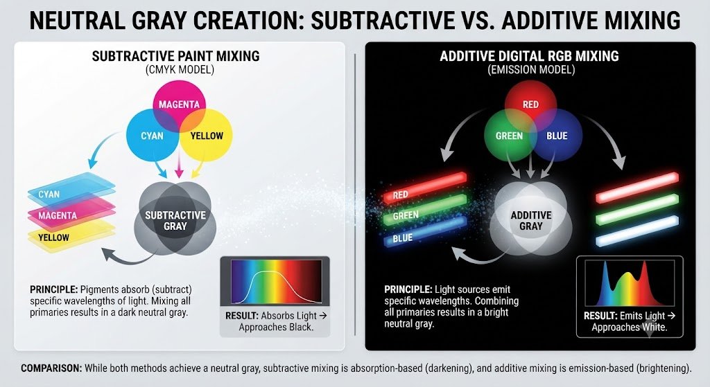 An explanatory diagram comparing subtractive paint mixing and additive digital RGB light channels when creating neutral gray.